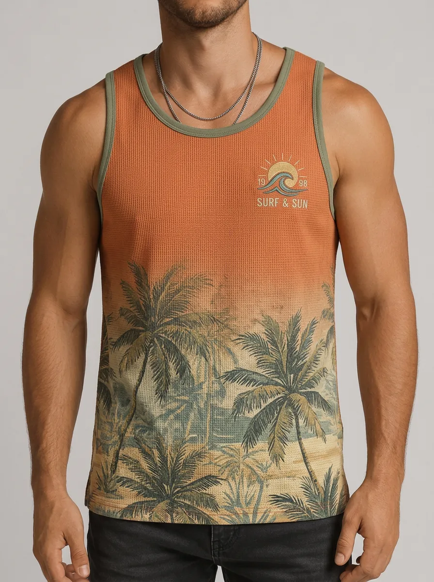 Men's Surf Beach Lover Palm Tree Wave Printed Tank Top
