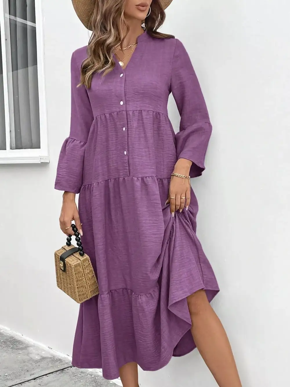 Button Front Ruffle Tiered Dress Casual