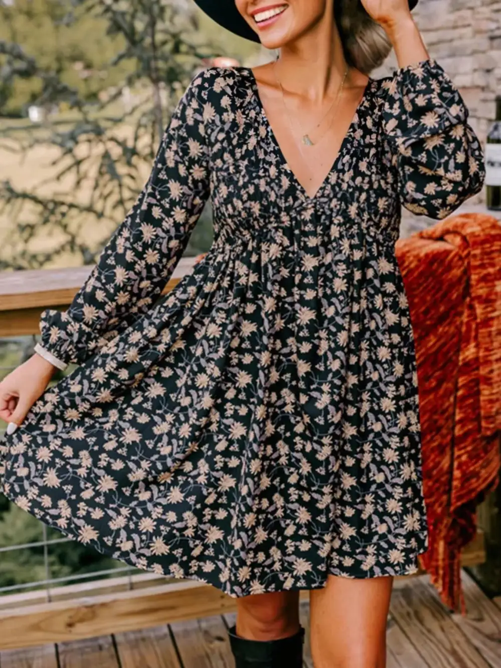 Floral V Neck Smocked Dress Casual