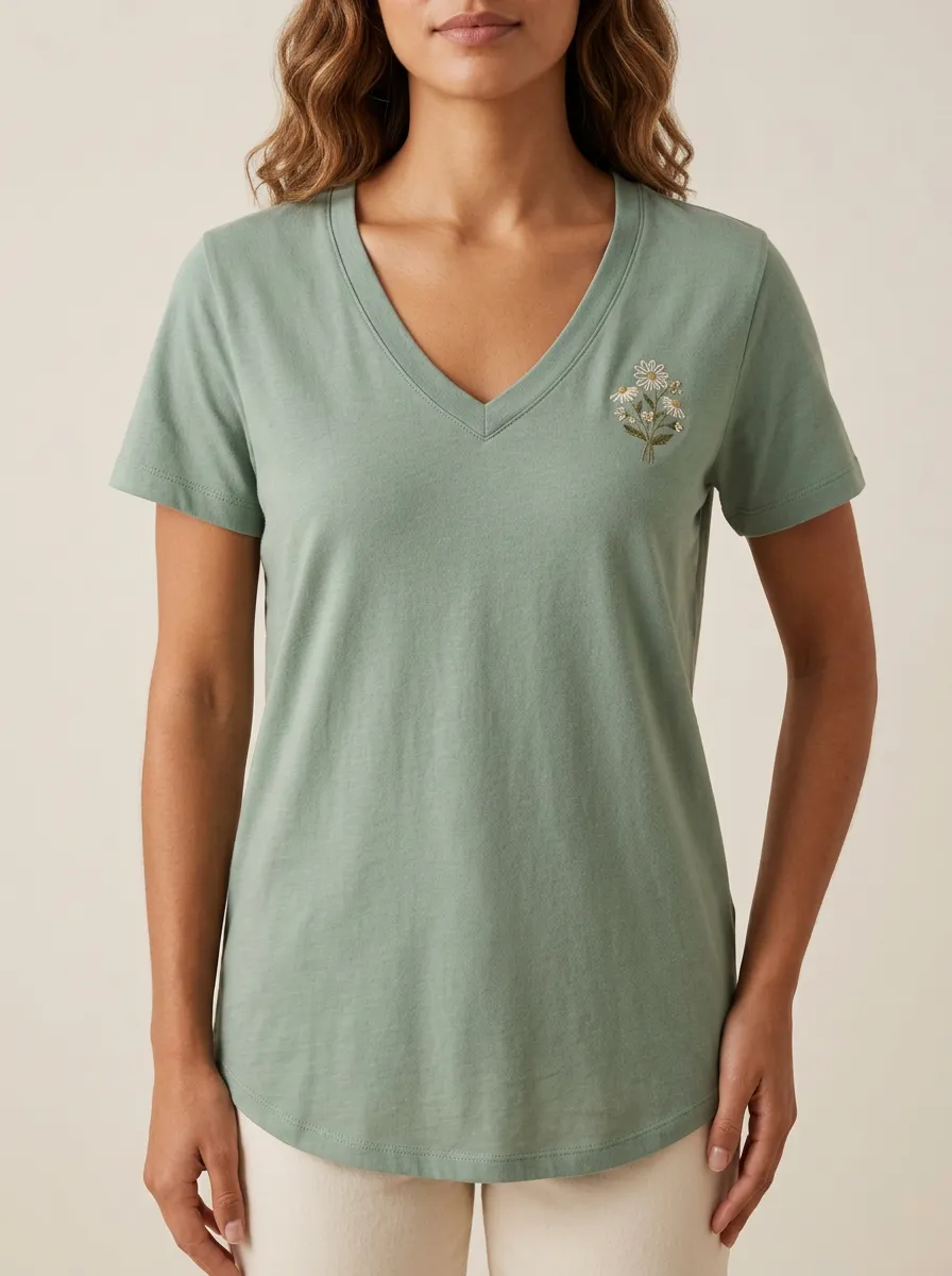 Women's Floral-Embroidered Curved-Hem V-Neck T-Shirt