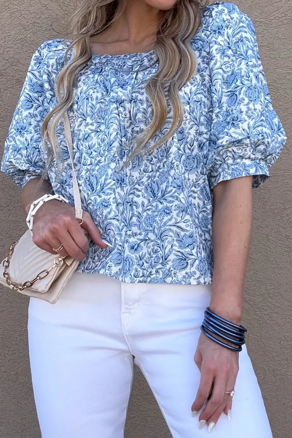 Sky Blue Square Neck Short Sleeve Blouse