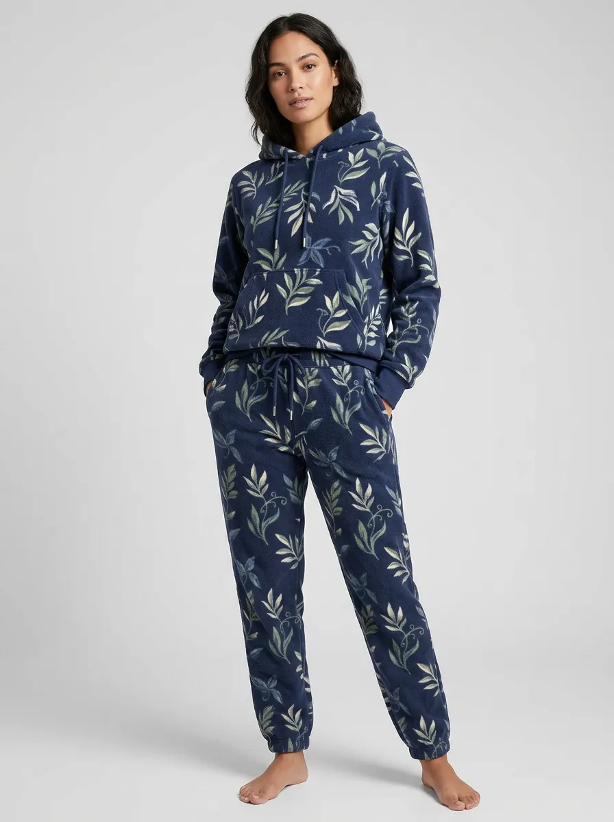 Women's Leaf Print Fleece Hoodie And Jogger Set