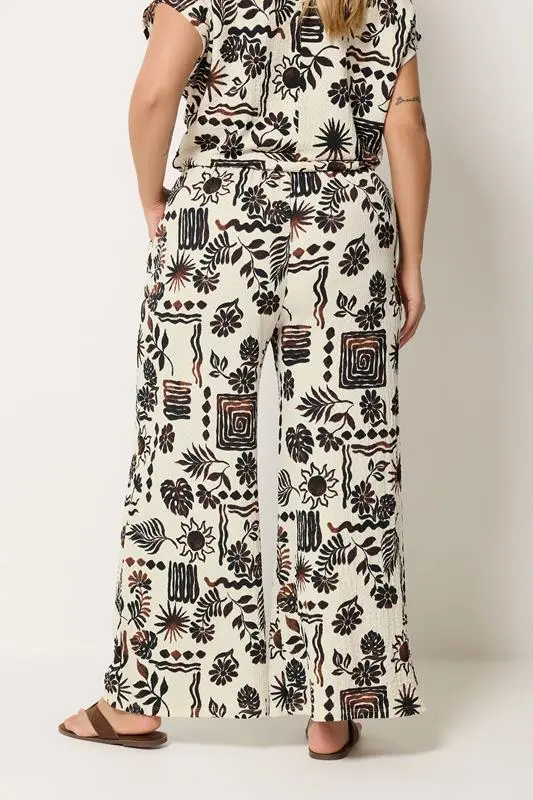Natural Brown Summer Print Crinkle Wide Leg Trousers