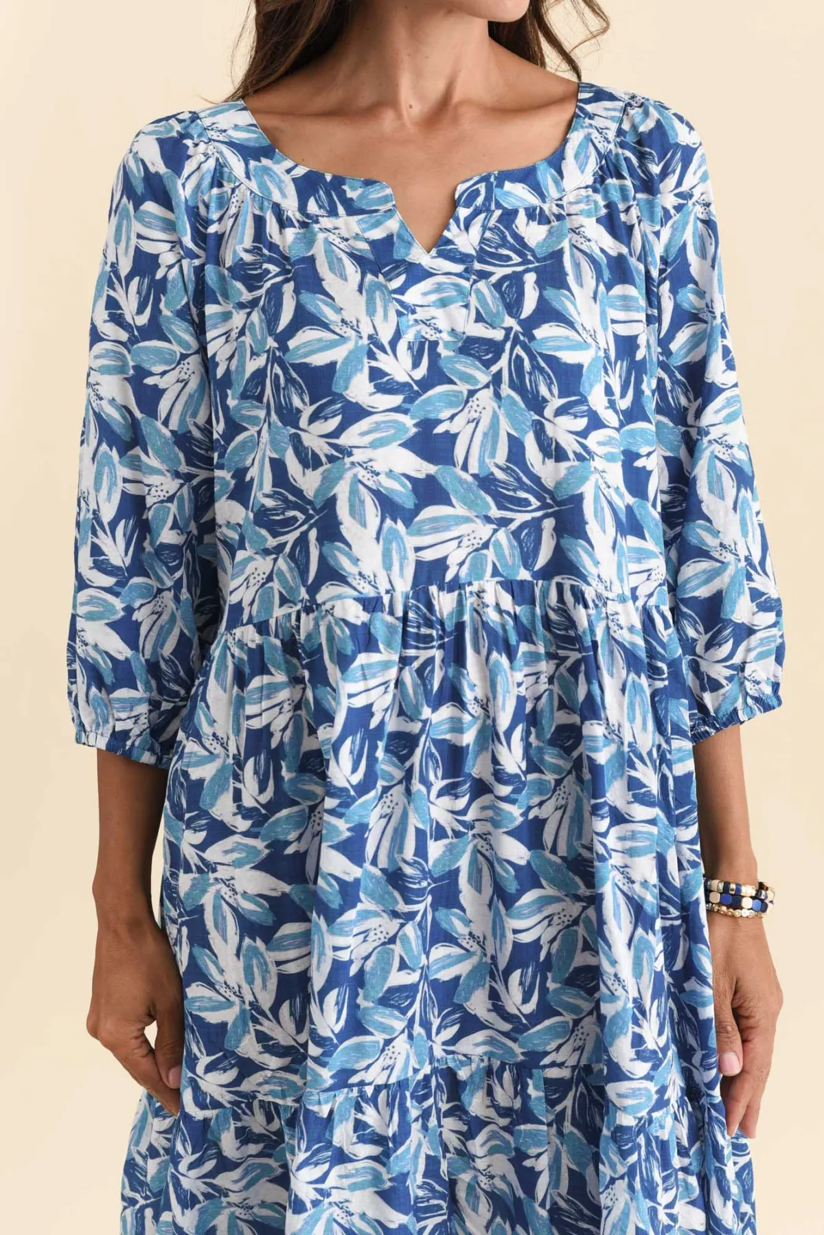 Floral Cotton Round-Neck Three-Quarter-Sleeve A-Line Relaxed Below-Knee Dress