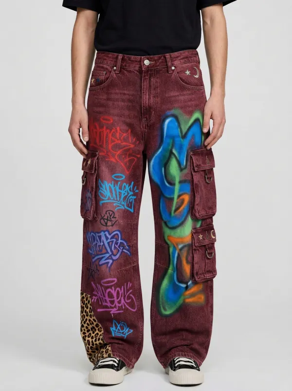 Men's Graffiti Leopard Patchwork Graphic Cargo Jeans