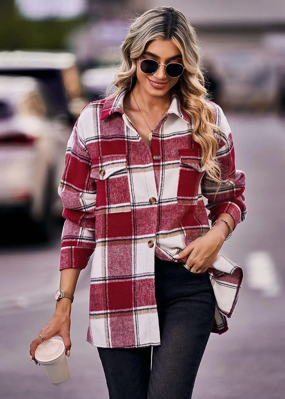 Women's 2023 Fall Clothes Plaid Shacket Jacket Long Sleeve Button Down Flannel Shirts Fashion Blouse