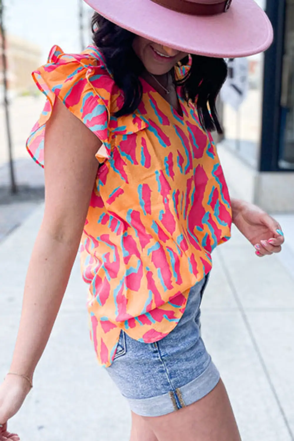 Ruffle Sleeve V Neck Blouse