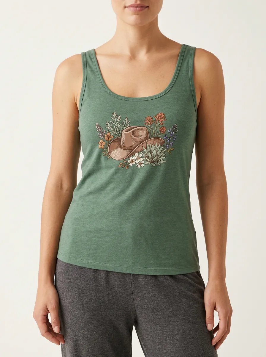Cowboy-Hat Floral Built-In Bra Tank Top