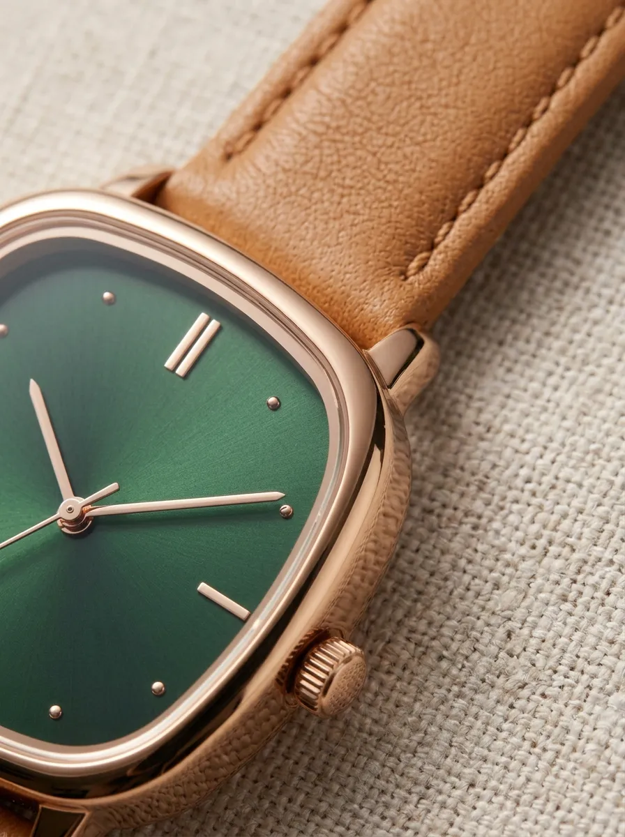 Unisex Minimalist Green Dial Tan Leather Strap Analog Watch