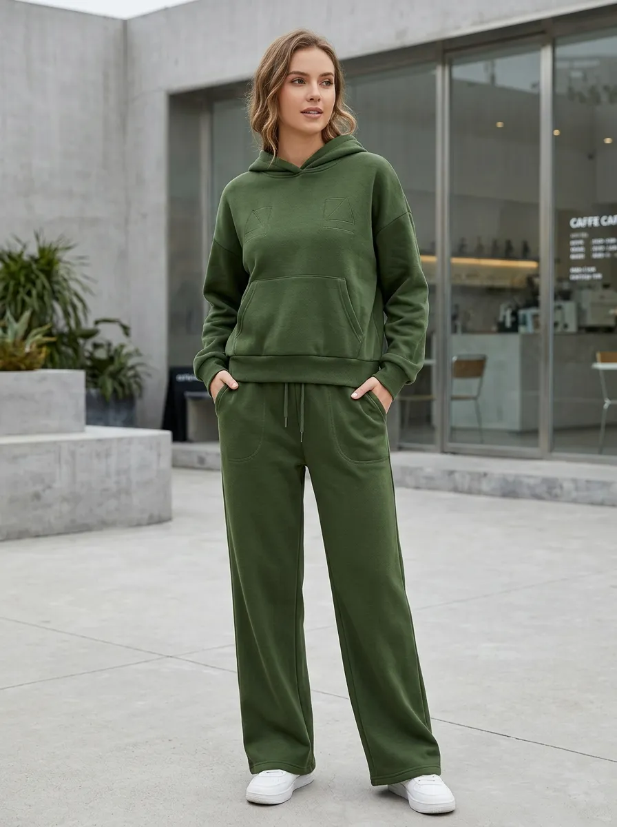 Women's Olive Green Geometric Embossed Hooded Sweatshirt and Pants Set