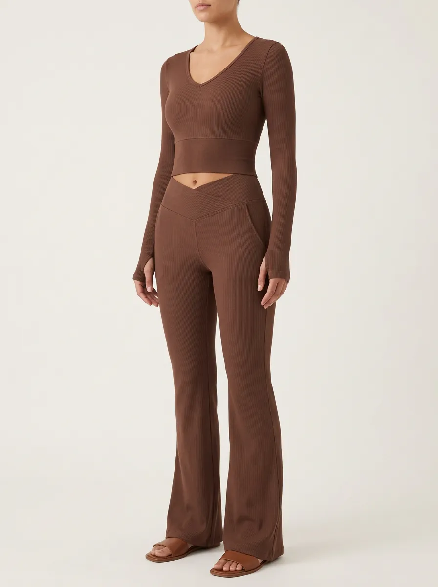 Women's Ribbed V-Neck Thumbhole Crop Top and Crossover-Waist Flare Legging Set