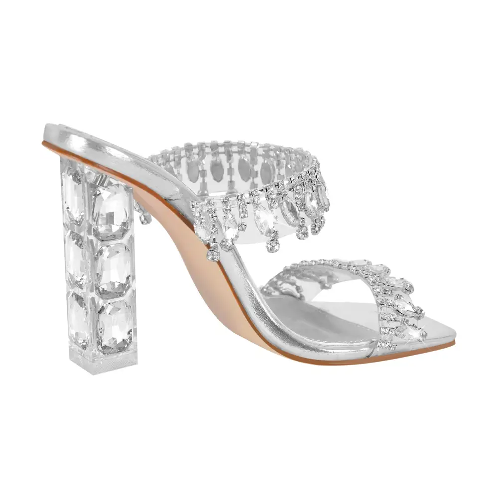 Rhinestone Square Toe Clear Chunky Heel Sandals