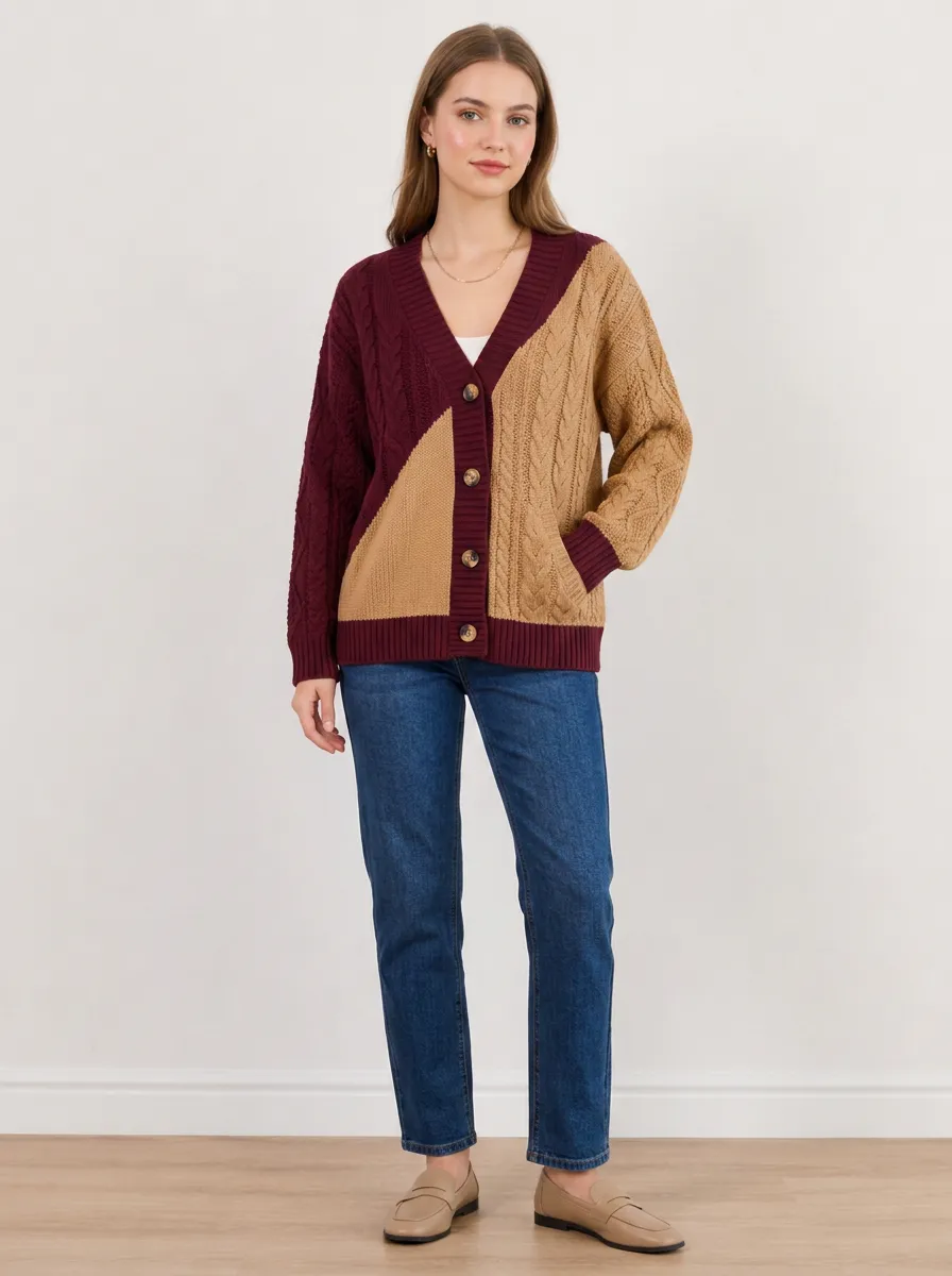 Women's and Color-Block Cable Knit Cardigan