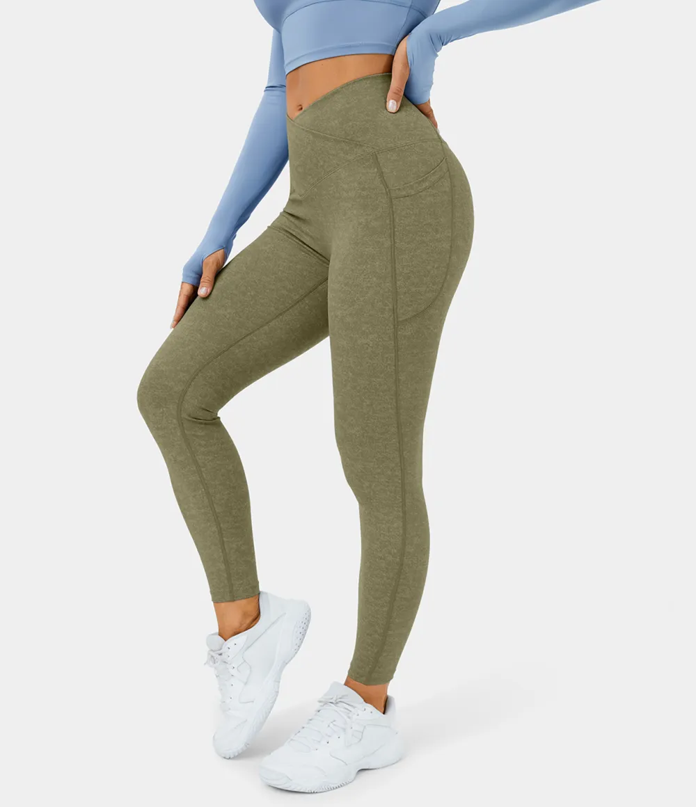 Crossover Side Pocket Stretchy Denim Print Yoga Leggings