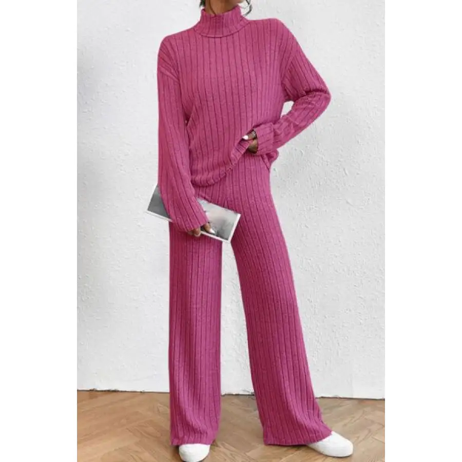 Mock Neck Dropped Shoulder Top and Pants Set