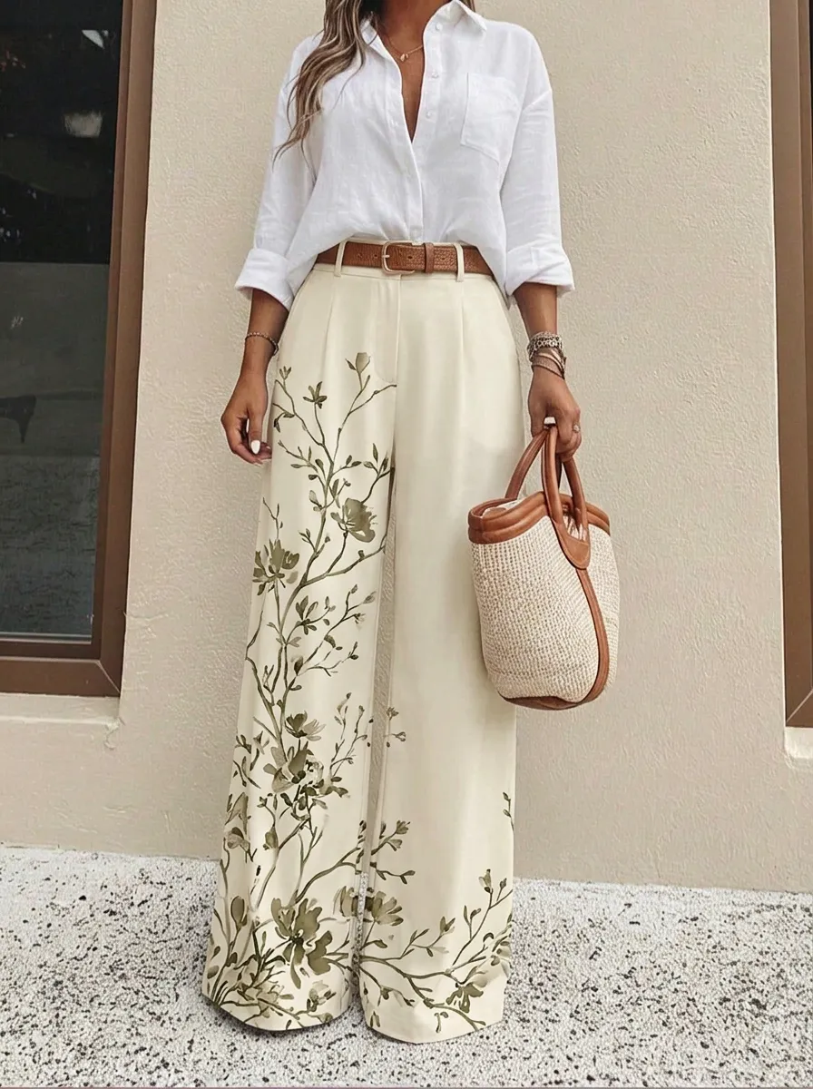 Women's Botanical Aesthetic Green Floral Patterned High-Waist Wide-Leg Pants