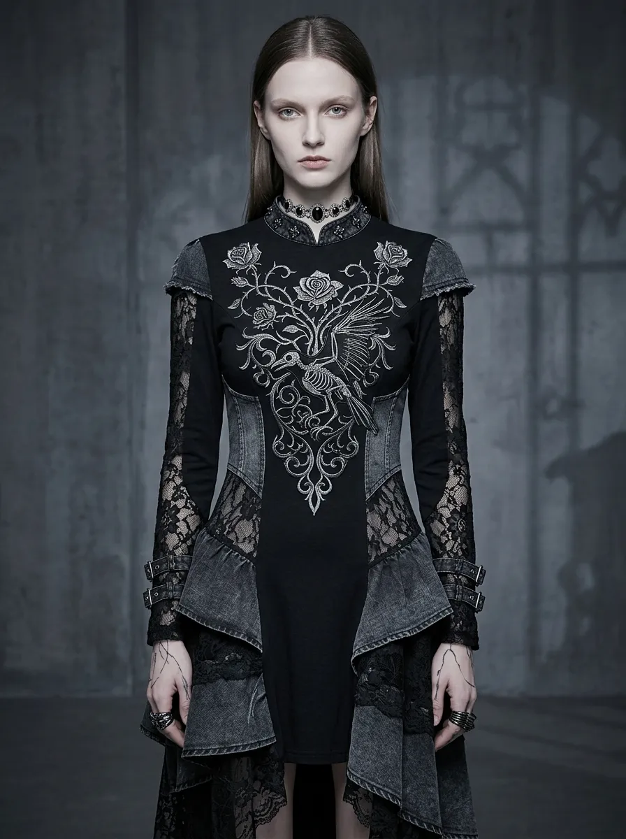 Women's Gothic Rose Skeleton Bird Printed Long Sleeve Top