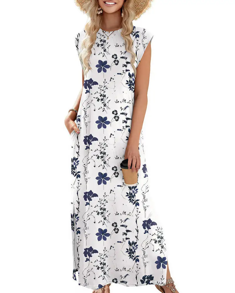 Casual Sleeveless Split Maxi Dress With Pockets