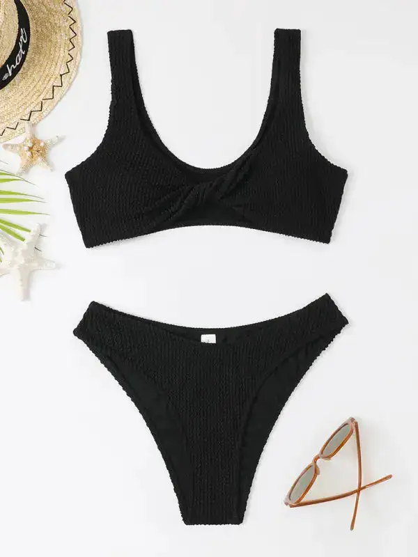 Twisted One Piece Wrinkled Wavy Fabric Swim Set