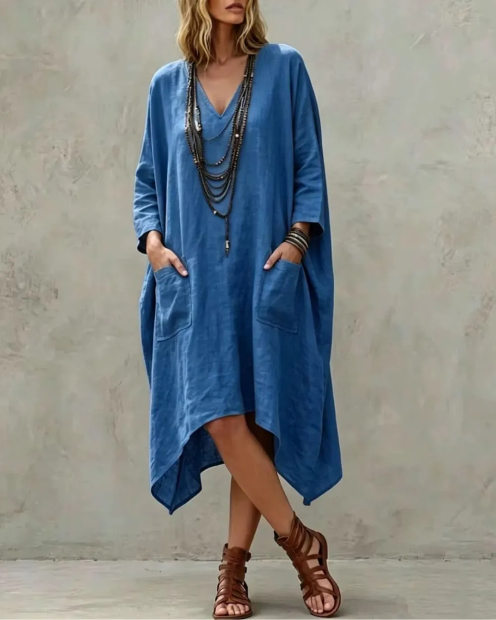 Relaxed V-Neck Asymmetrical Dress