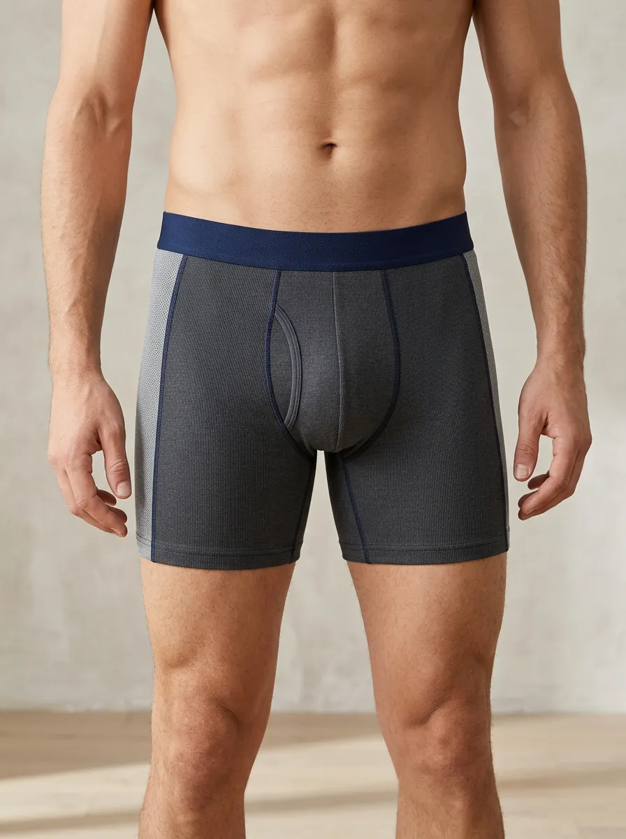Flexible Ribbed Contrast-Panel Performance Comfort Look Men's Boxer Briefs