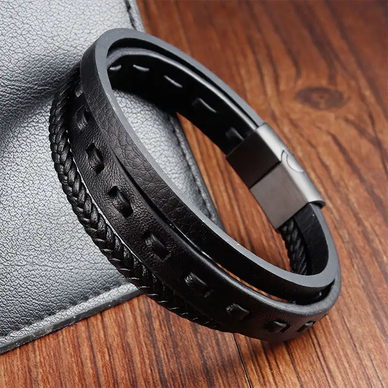 Titanium Steel Buckle Multilayered Braided Leather Bracelet