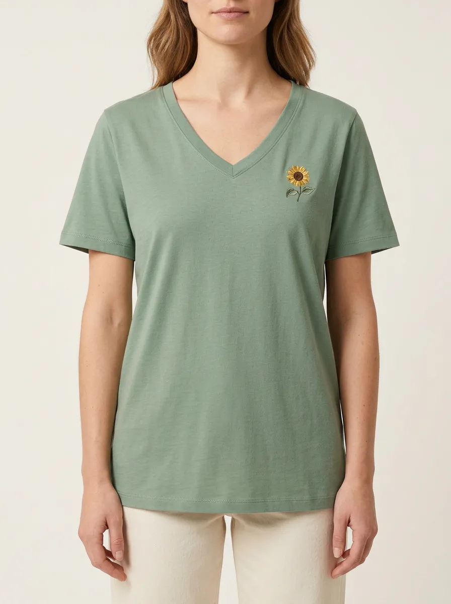 Women's Floral Sunflower Embroidered V-Neck T-Shirt