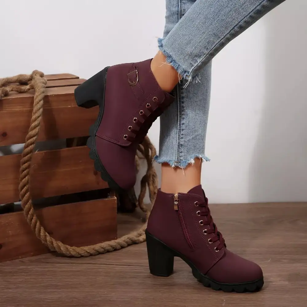Textured Lace-Up Block Heel Boots