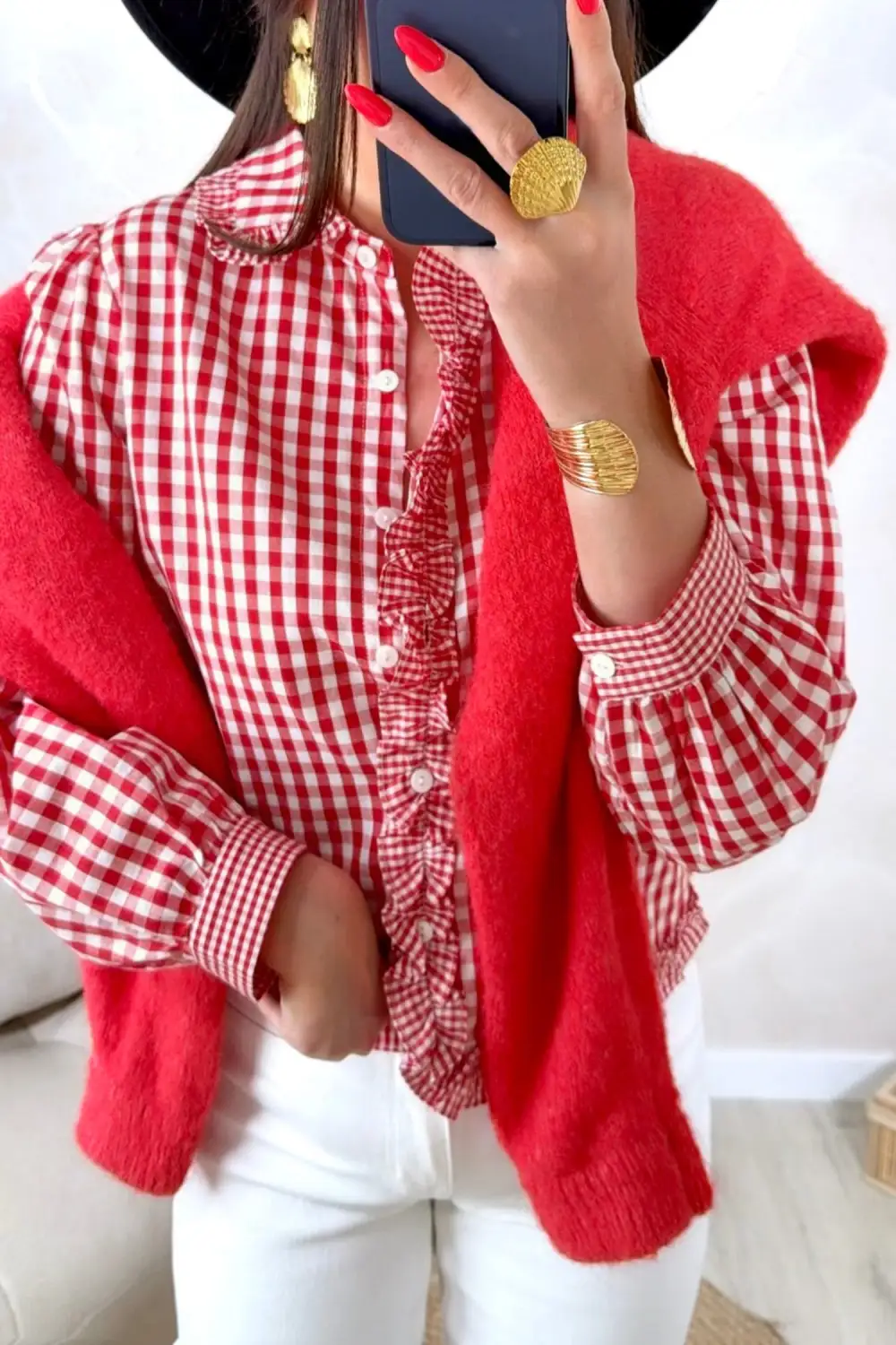 Women's Plaid Long Sleeve Frilled Blouse