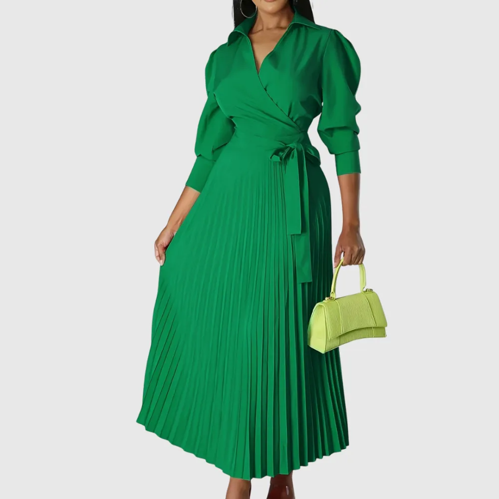  Pleated Wrap Midi Dress