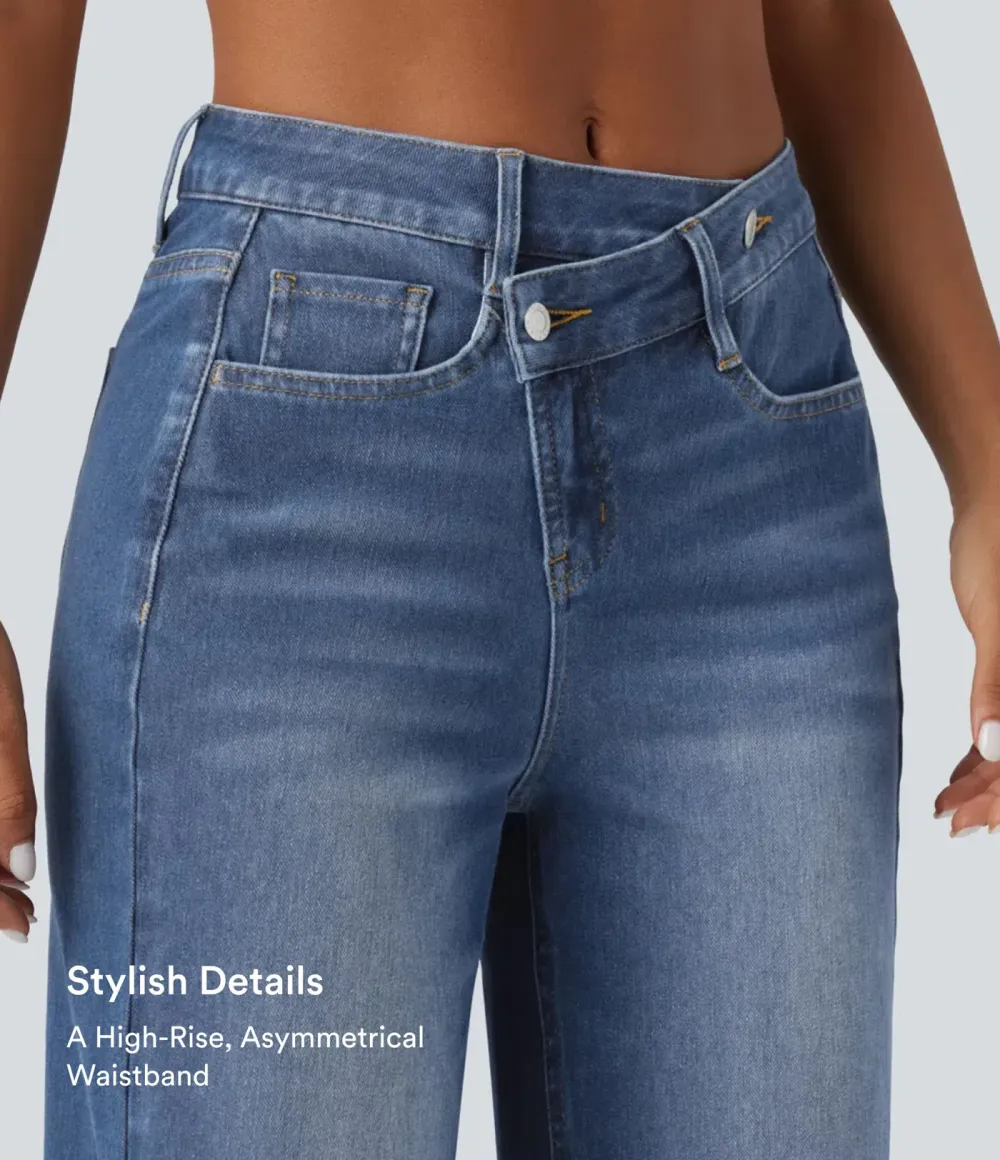 2026🔥  High-Waisted Asymmetrical Baggy Jeans — Washed Effect with Pockets