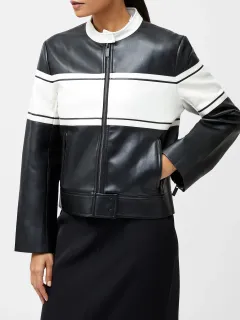 Creative Black And White Color Matching Fashionable Leather Jacket