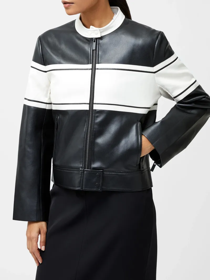 Creative Black And White Color Matching Fashionable Leather Jacket
