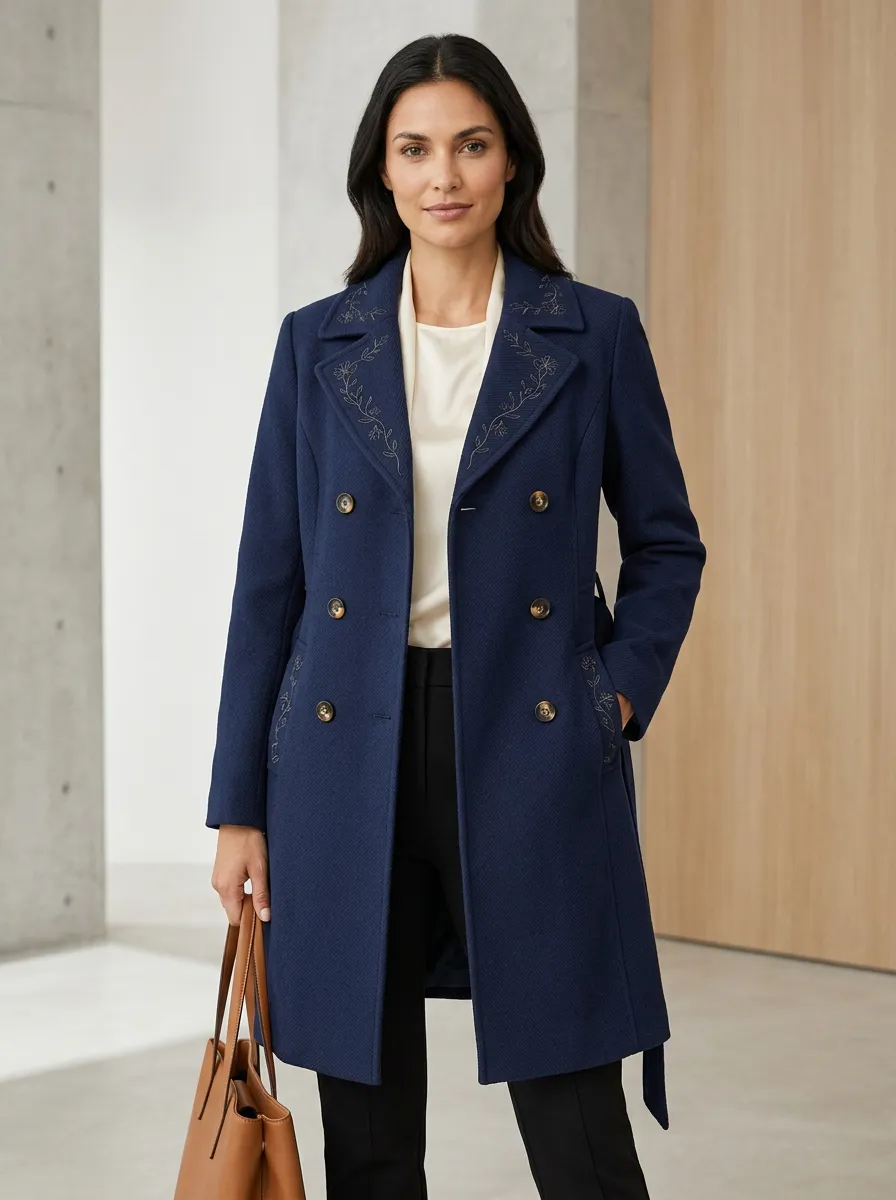 Women's Floral Embroidered Navy Blue Coat