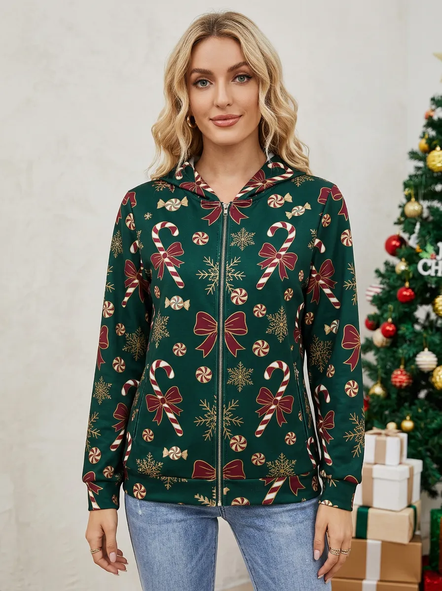 Women's Christmas Candy-Cane Bow Snowflake Zip Hoodie