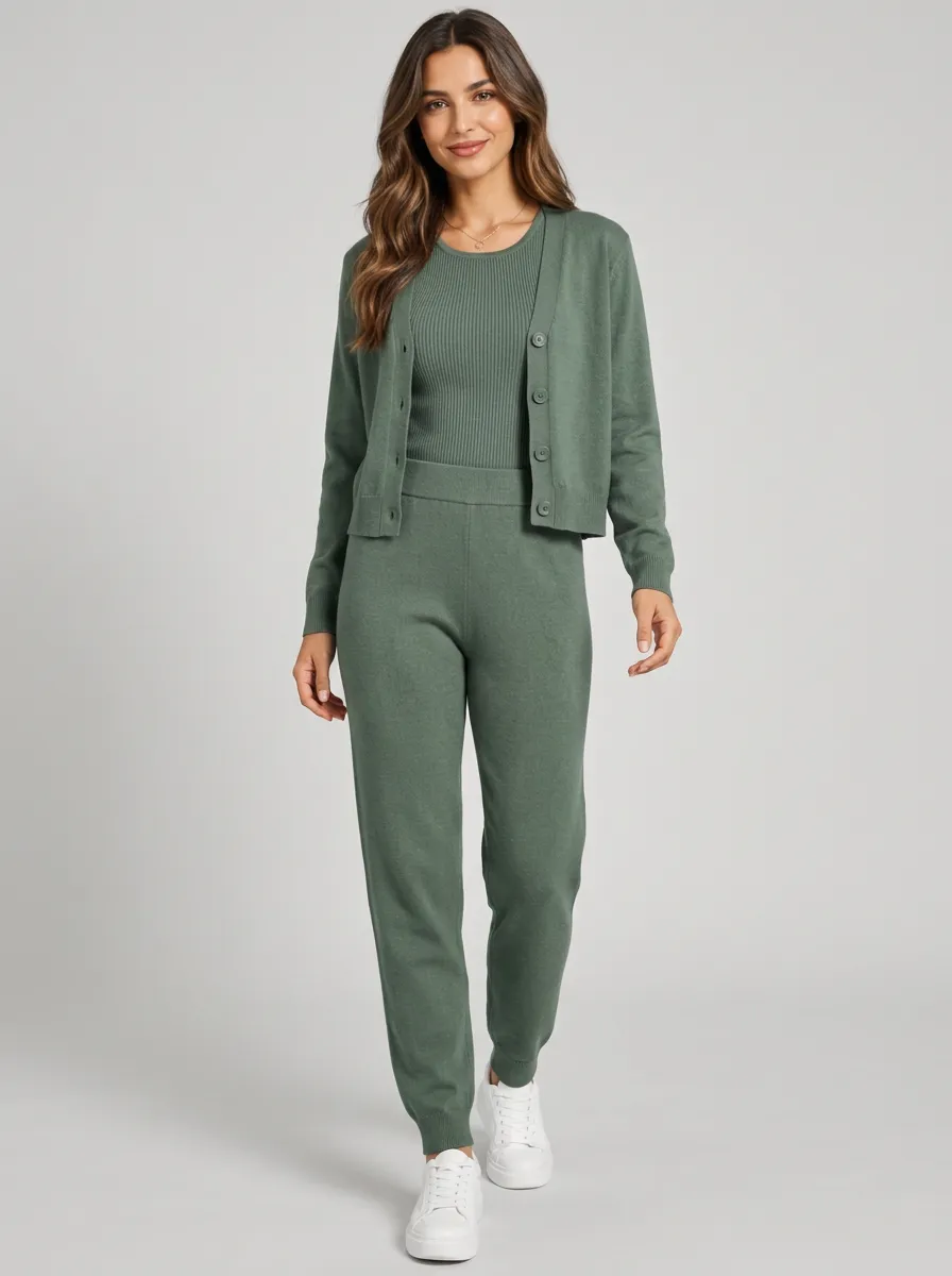 Women's Sage Green Cardigan and Tank Set with Matching Pants