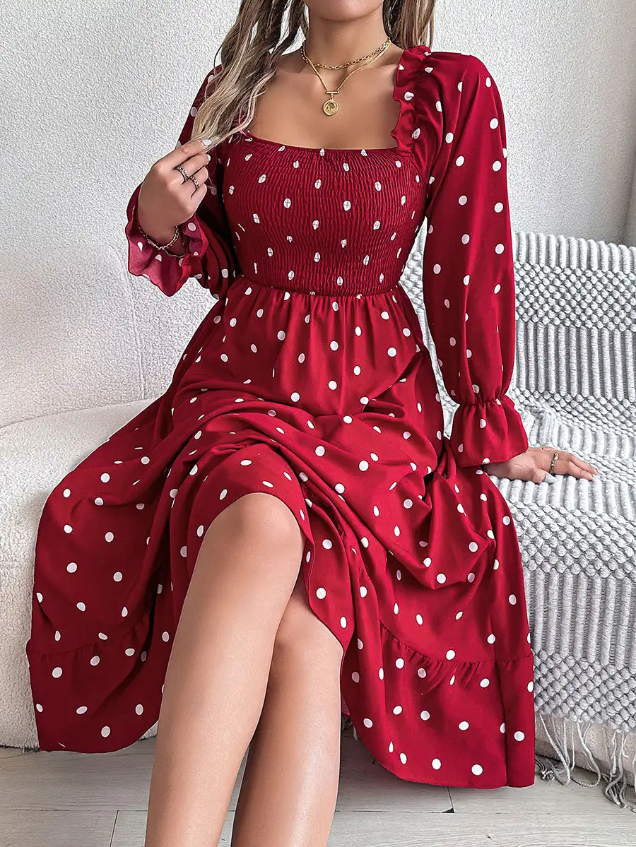 Pleated Ruffled Polka Dot Long Neck Shirt