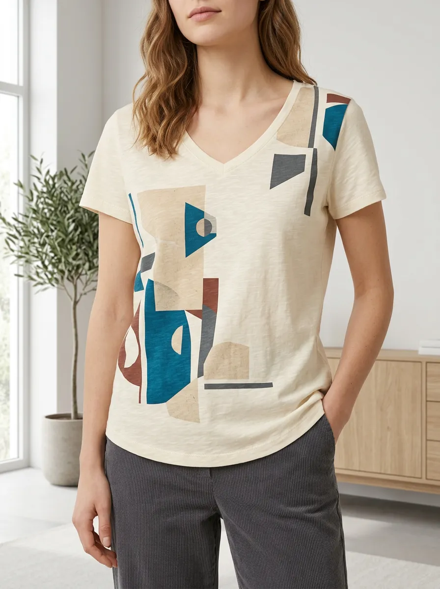 Women's Sculpted Abstract Geometric Art V-Neck T-Shirt