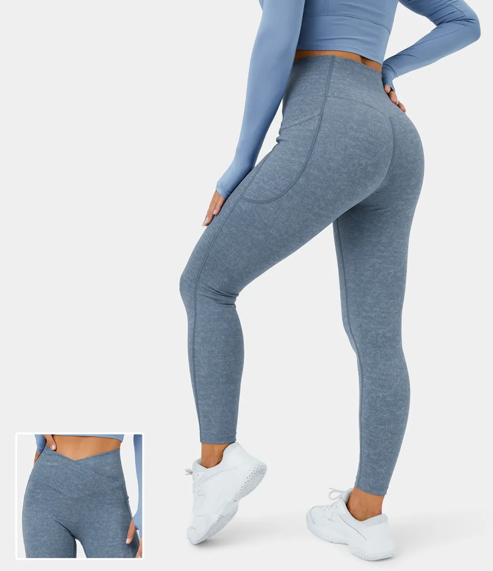 Crossover Side Pocket Stretchy Denim Print Yoga Leggings