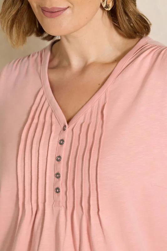 Pink Short Sleeve Cotton Henley Top detail 3