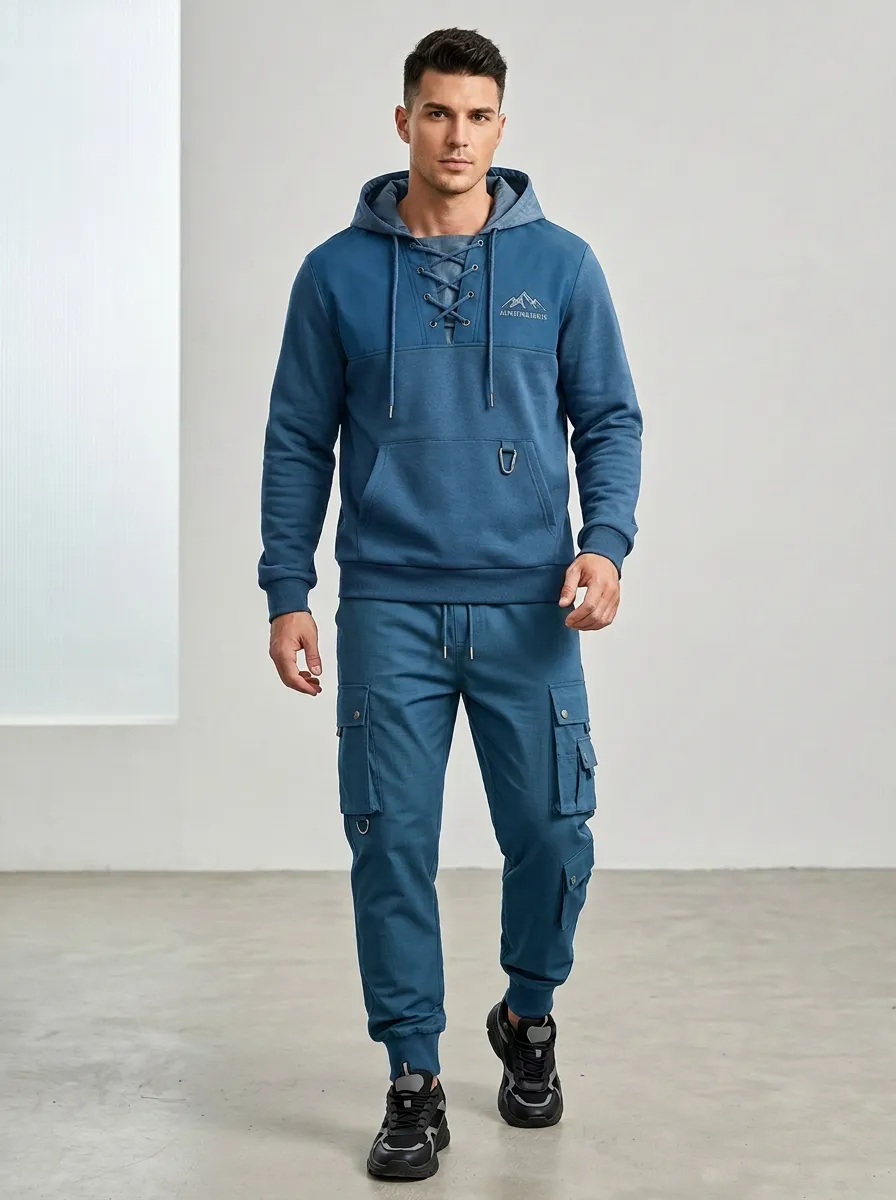 Daily Lace-Up Mountain Graphic Active Look Men's Lace Up Hoodie And Cargo Jogger Set