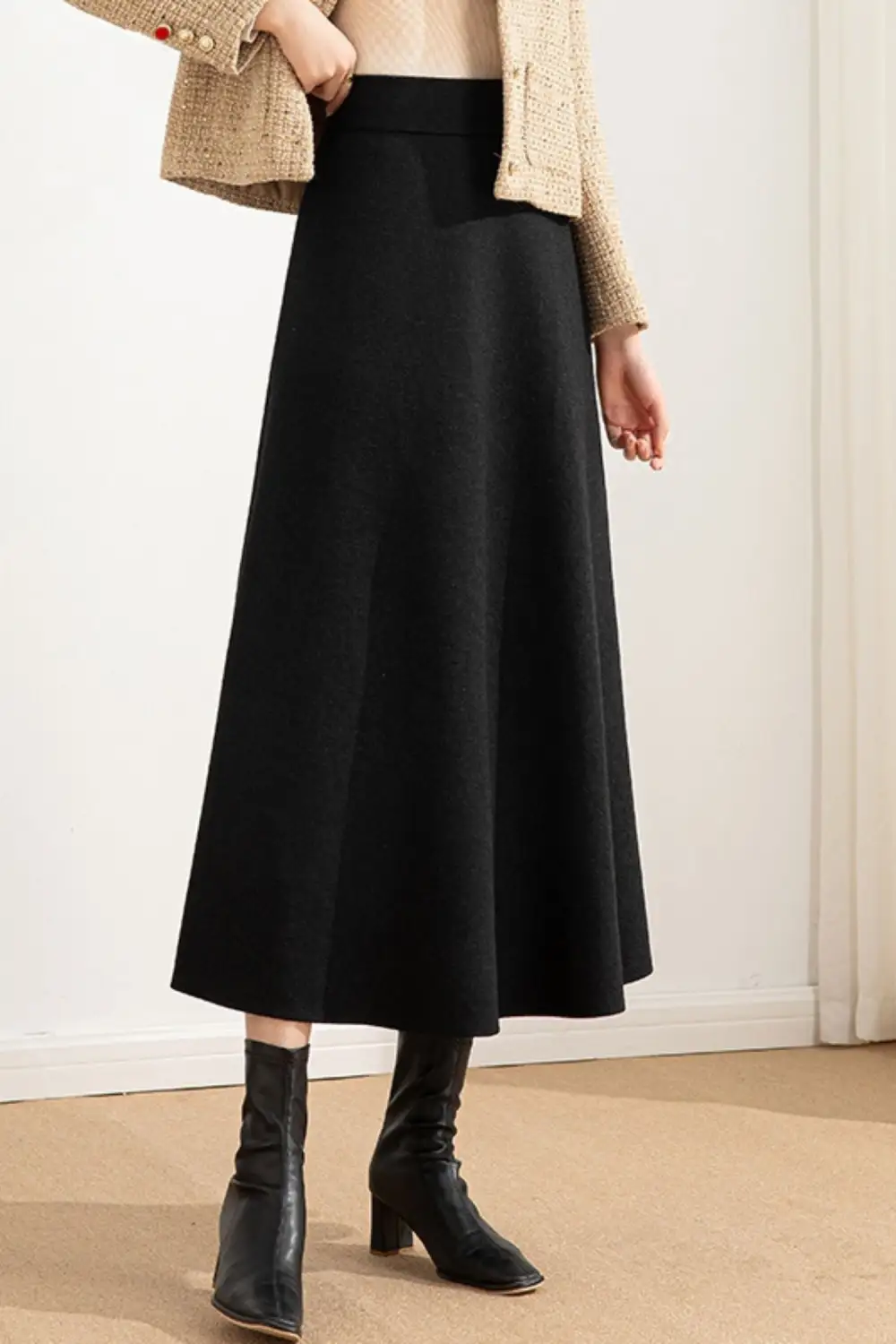 Checkered Wool Blend A Line High Waist Skirt