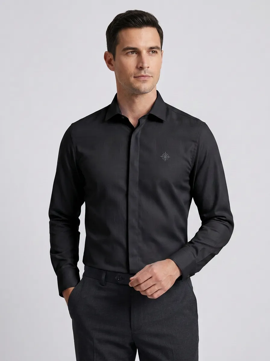 Men's Non-Iron Cotton Compass Embroidered Long Sleeve Shirt
