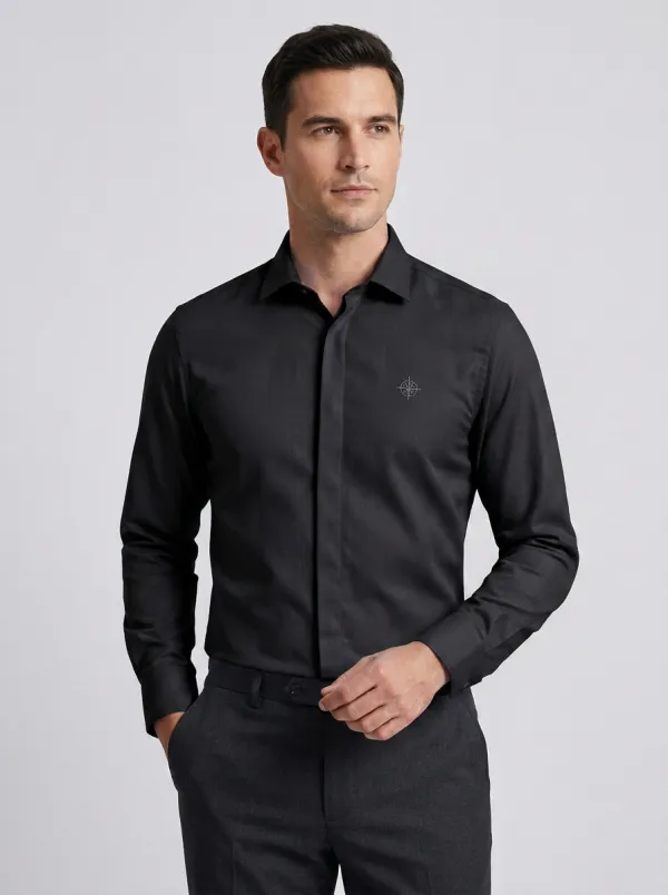 Men's Non-Iron Cotton Compass Embroidered Long Sleeve Shirt