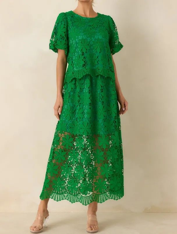 Green Floral Lace Maxi Skirt