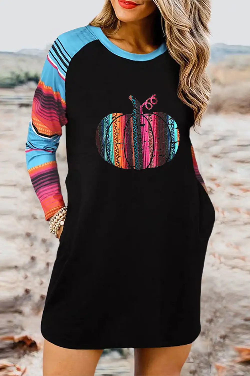 Pumpkin Striped Splicing Halloween Long Sleeve Mini Dress