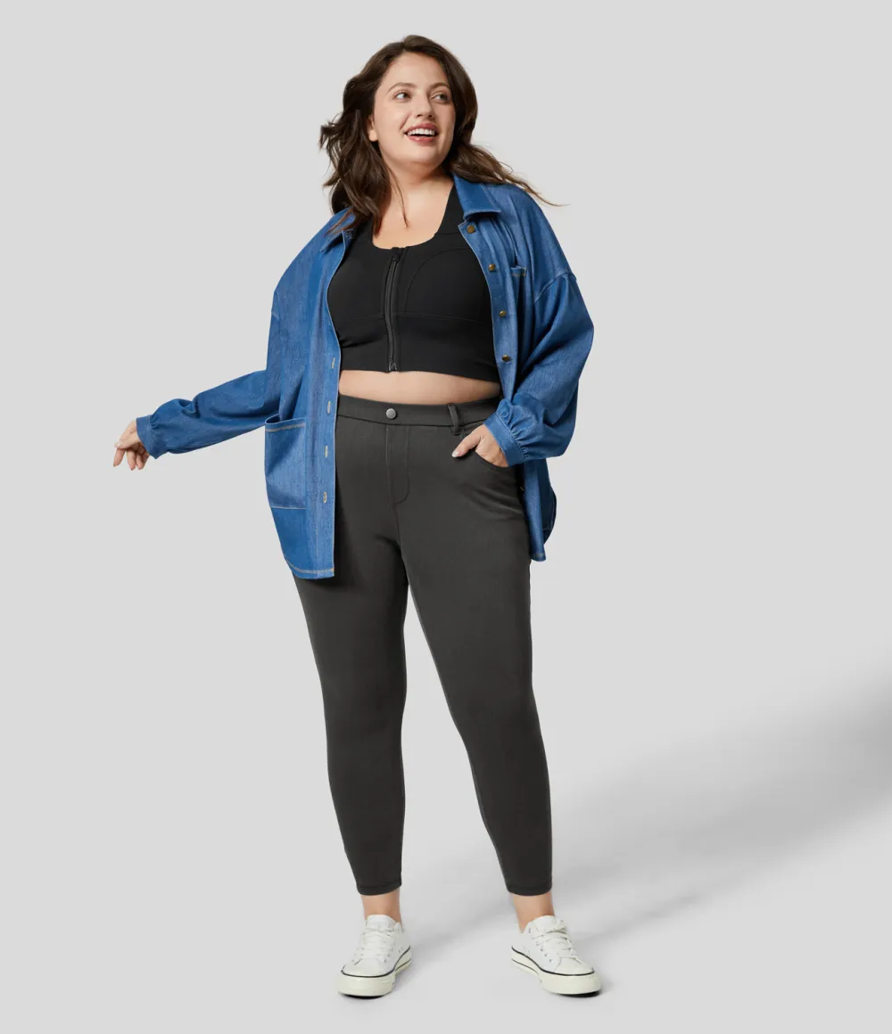 Magic High Waisted Multiple Pockets Stretchy Knit Denim Work 7/8 Plus Size Leggings