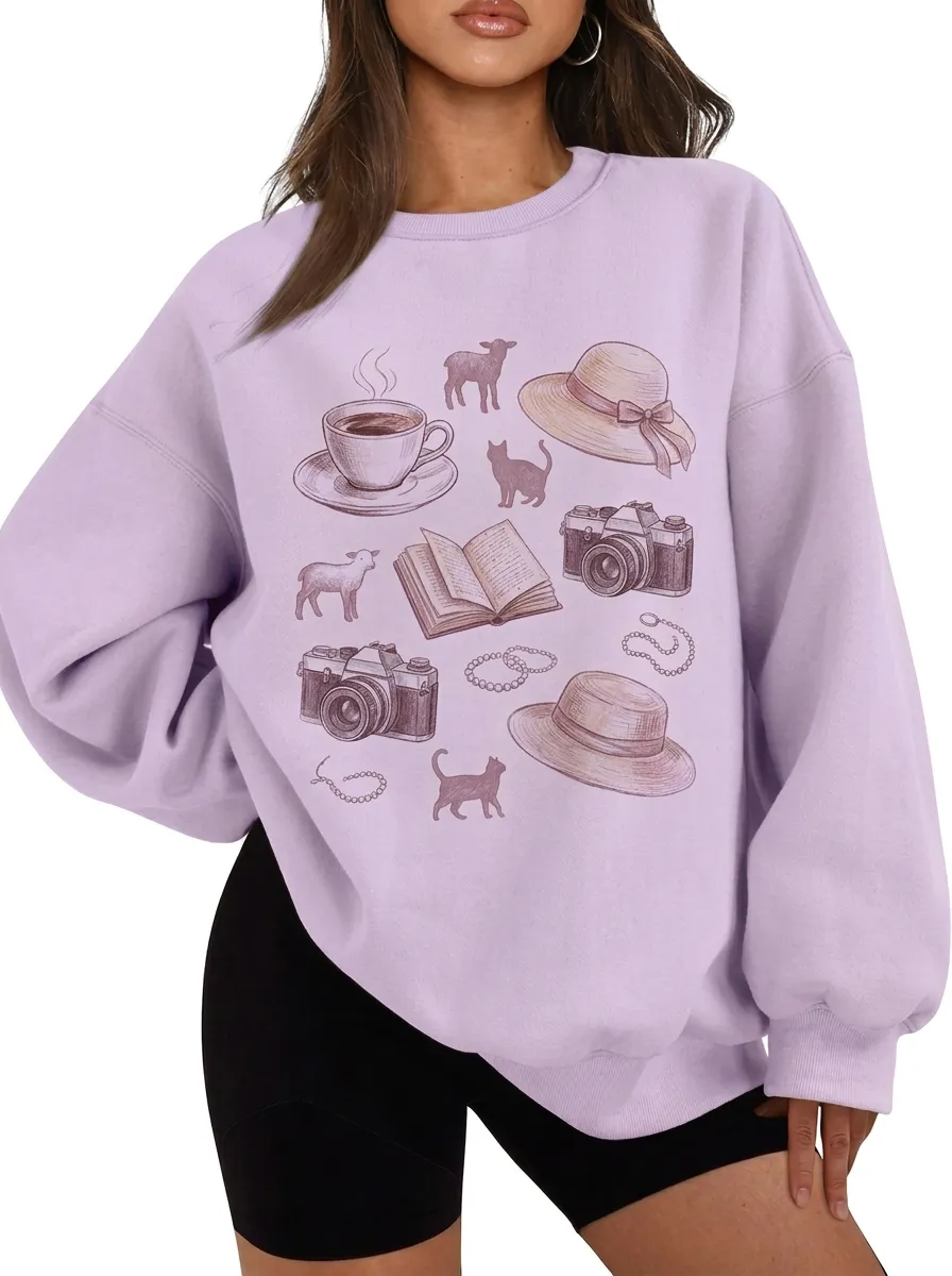 Women's Hobby Coffee Camera Book Cat Graphic Sweatshirt