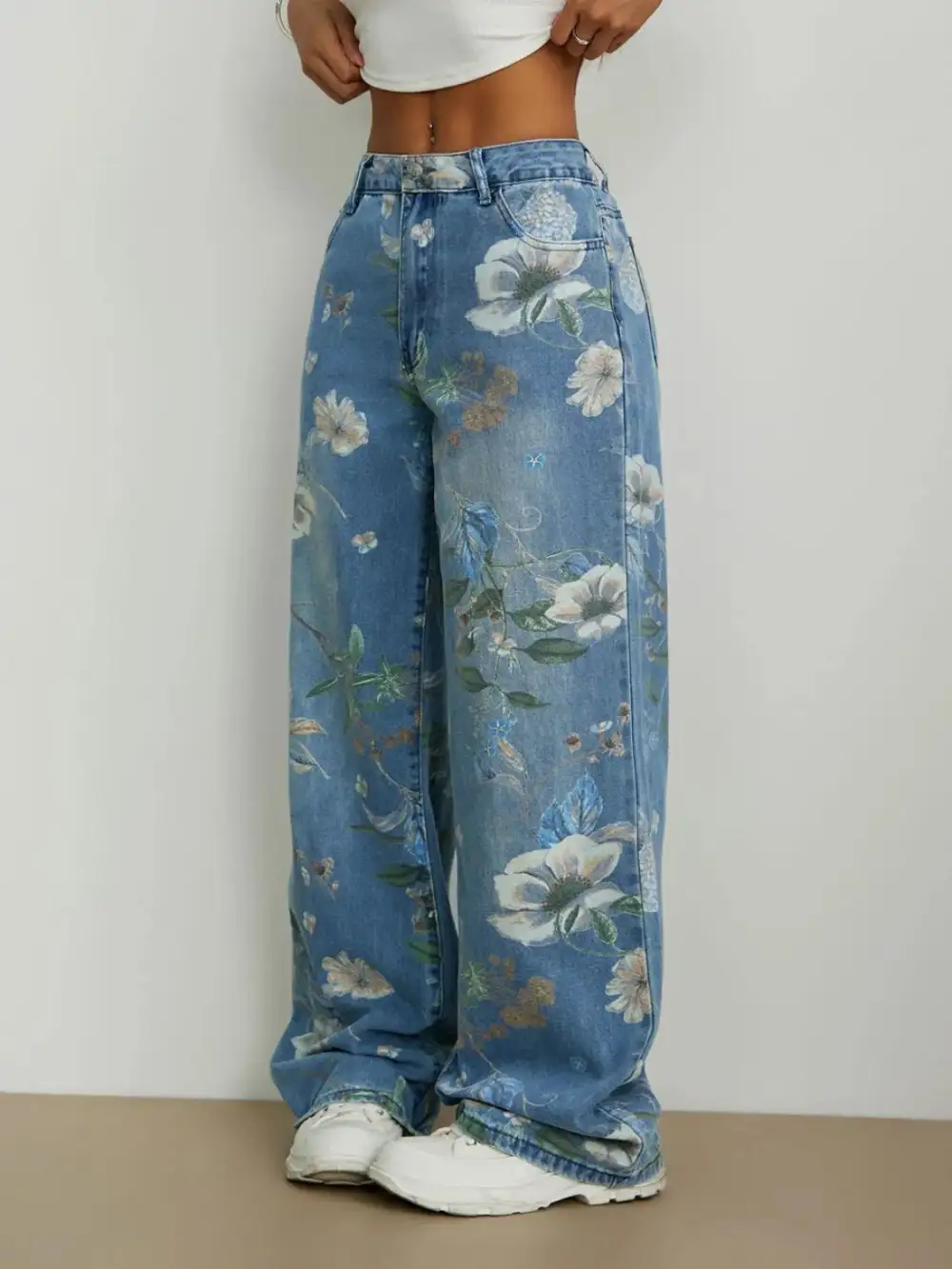 Floral Print Wide Leg Denim Jeans