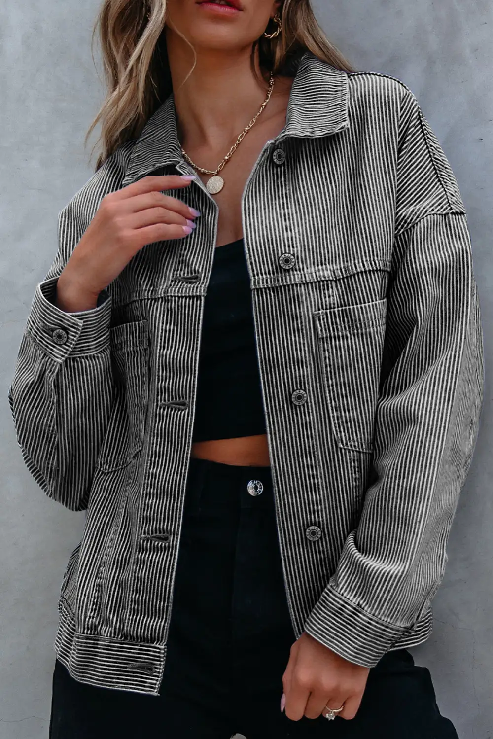 Women's Washed Oversize Pocketed Denim Jacket